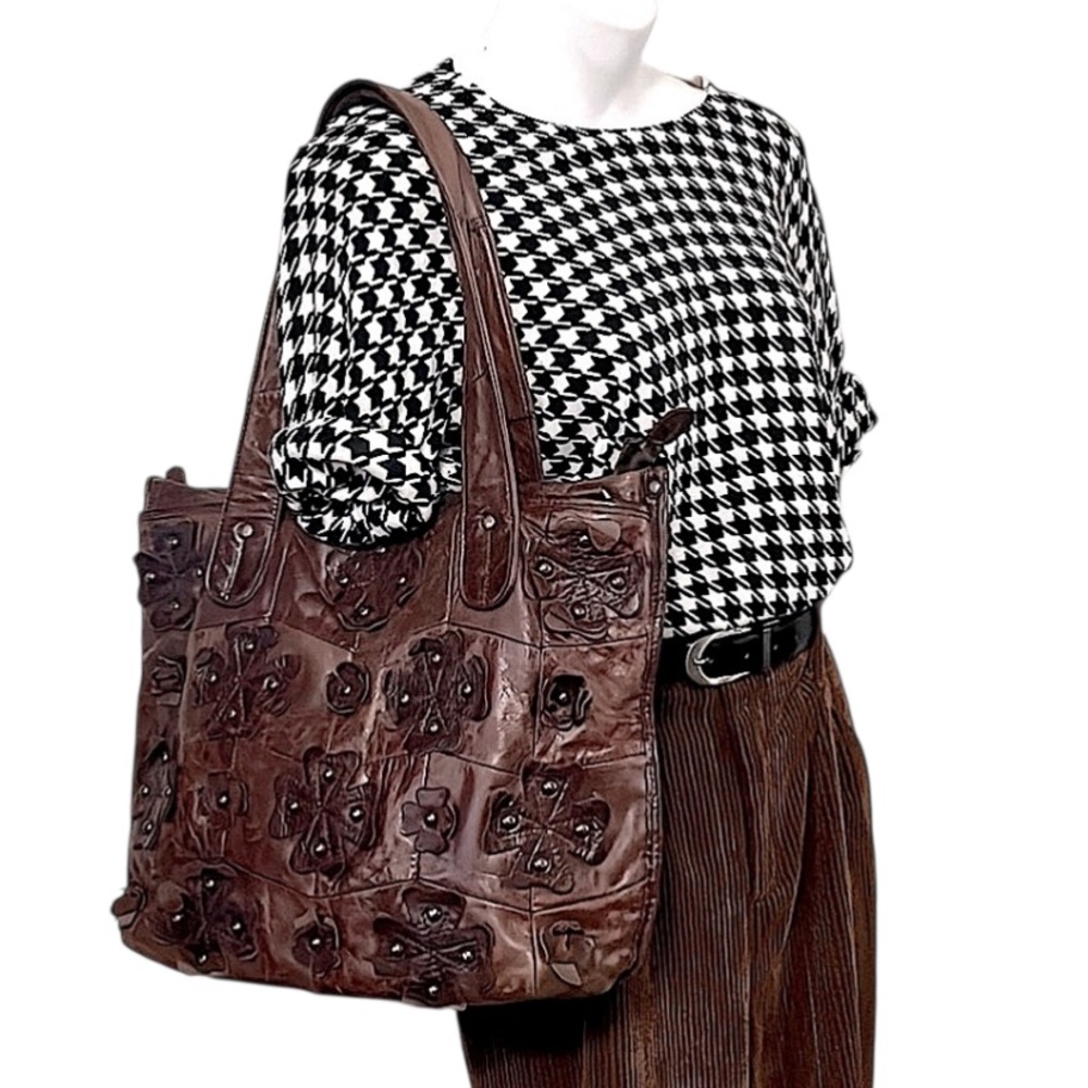 Vintage Brown Leather Embellished Floral Studded Appliqués Patchwork Purse Bag